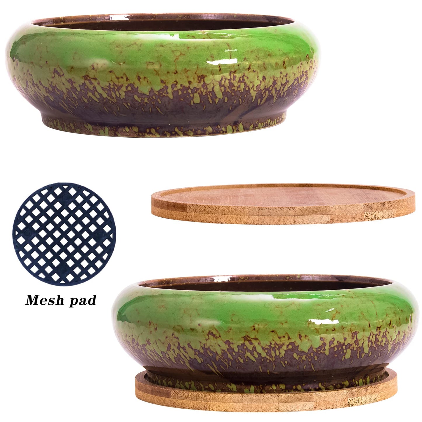 ARTKETTY Succulent Pots with Drainage, 2 Pack Large Succulent Planters Ceramic Bonsai Pot with Trays, 7.3 Inch Round Shallow Planters for Indoor Cactus Flower Plants