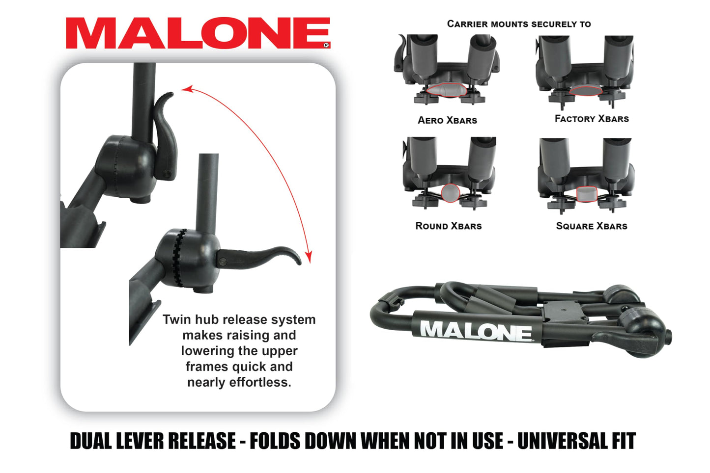 Malone Foldaway-J™ Kayak Rack Carrier, Single, Universal Fit, Tool Free Install, 75 lb Capacity, Limited, USA (MPG132)