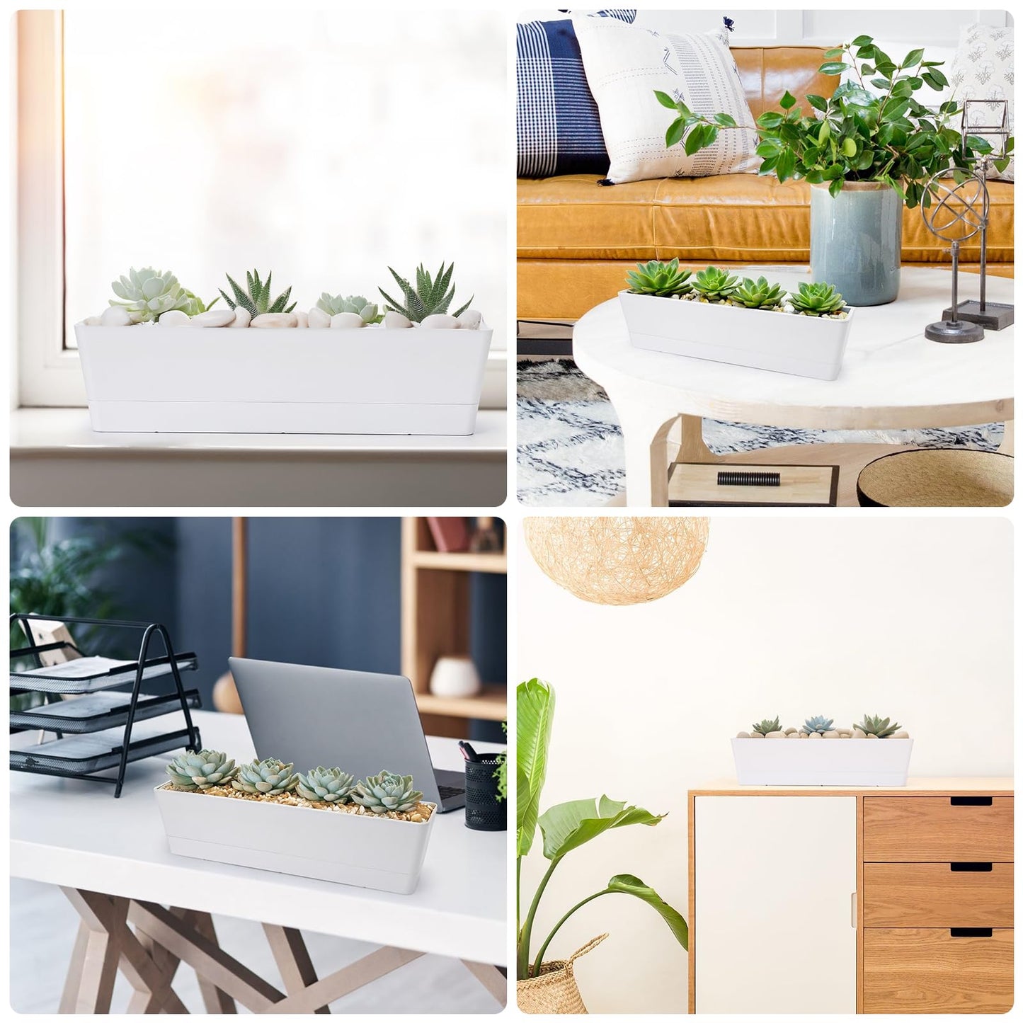 GREANER Window Boxes Planters, 3PCS 16x3.8 Inch Large Herb Planters with Tray, Indoor Succulent Cactus Flowers Vegetable Plastic Rectangle Pots for Balcony, Office, Garden, Outdoor, Windowsill (White)