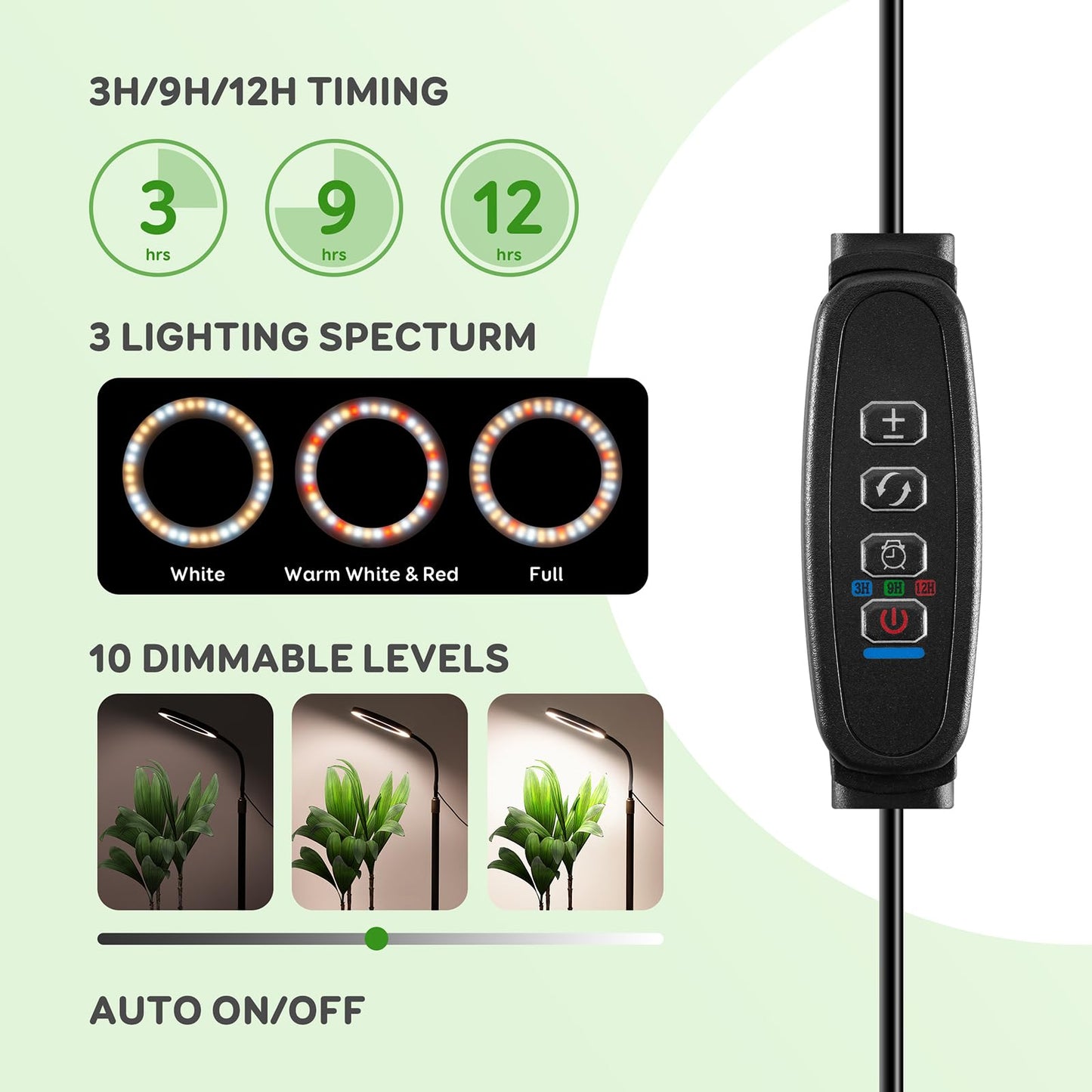 LPMZMBL One Head Grow Lights for Indoor Plant Full Spectrum, Plant Lights for Indoor Growing with 3/9/12 Timer, 5 Dimmable Levels, Height Adjustable 16.5''-68", Strong Base for Large Plants