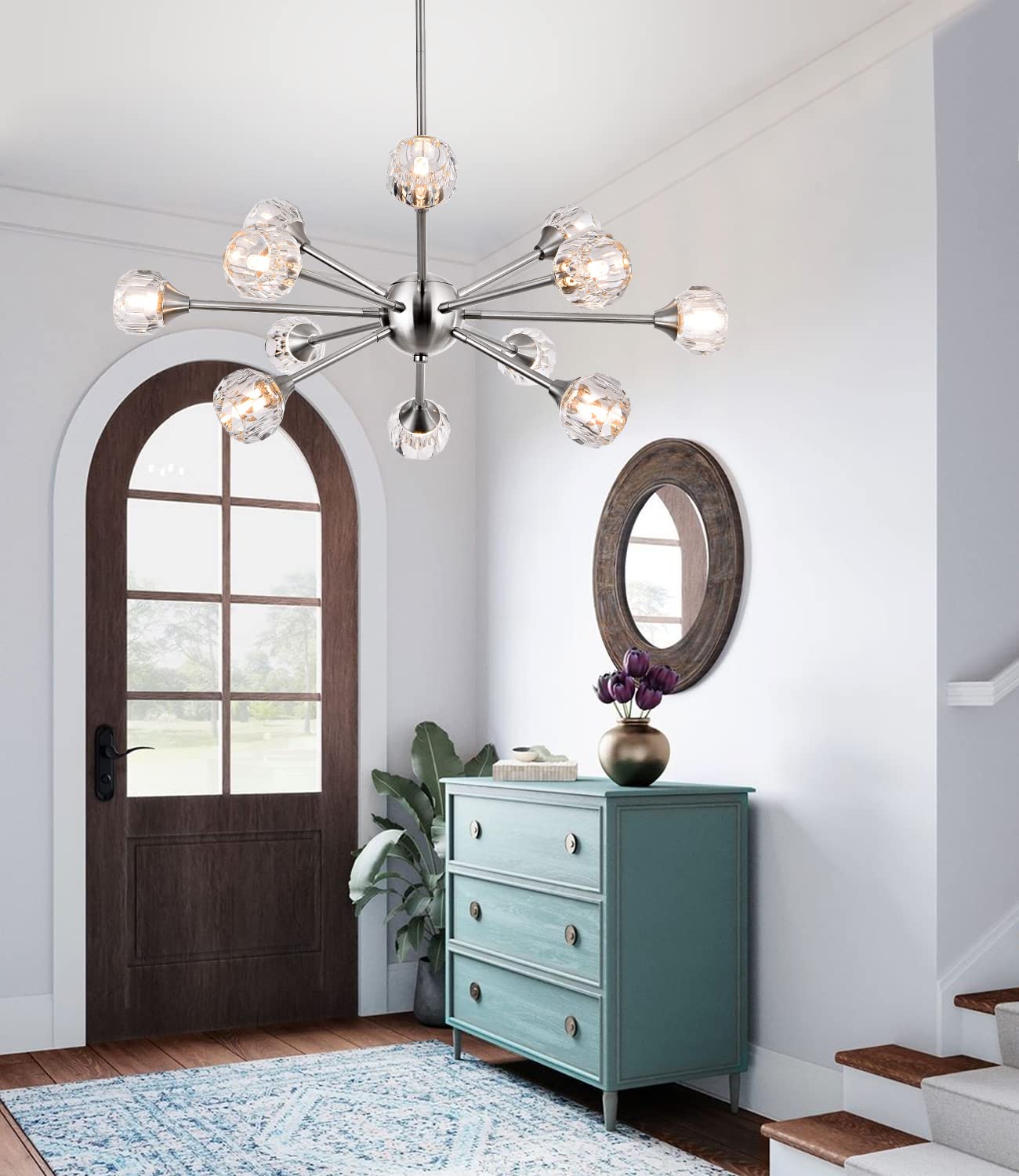 MKONOL Modern Sputnik Crystal Chandelier, 12-Light Brushed Nickel Firework Chandelier, Mid Century Dandelion Pendant Light Fixture for Dining Room, Living Room, Bedroom, G9 Base (Bulbs Not Included)