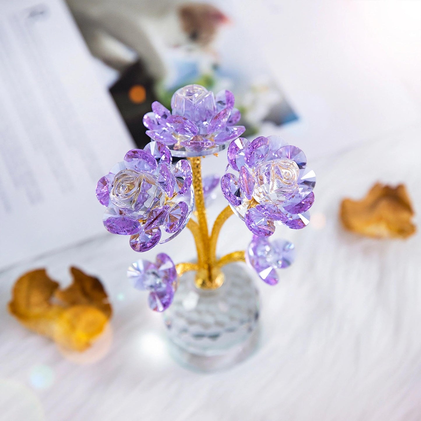 QFkris Purple Crystal Rose Flower Figurine Collectible Statue 6" Glass Flowers with Stems Ornament Home Decor for Valentines Day Thanksgiving,Christmas,Wedding,Mothers Day,Centerpiece,Gift for Women