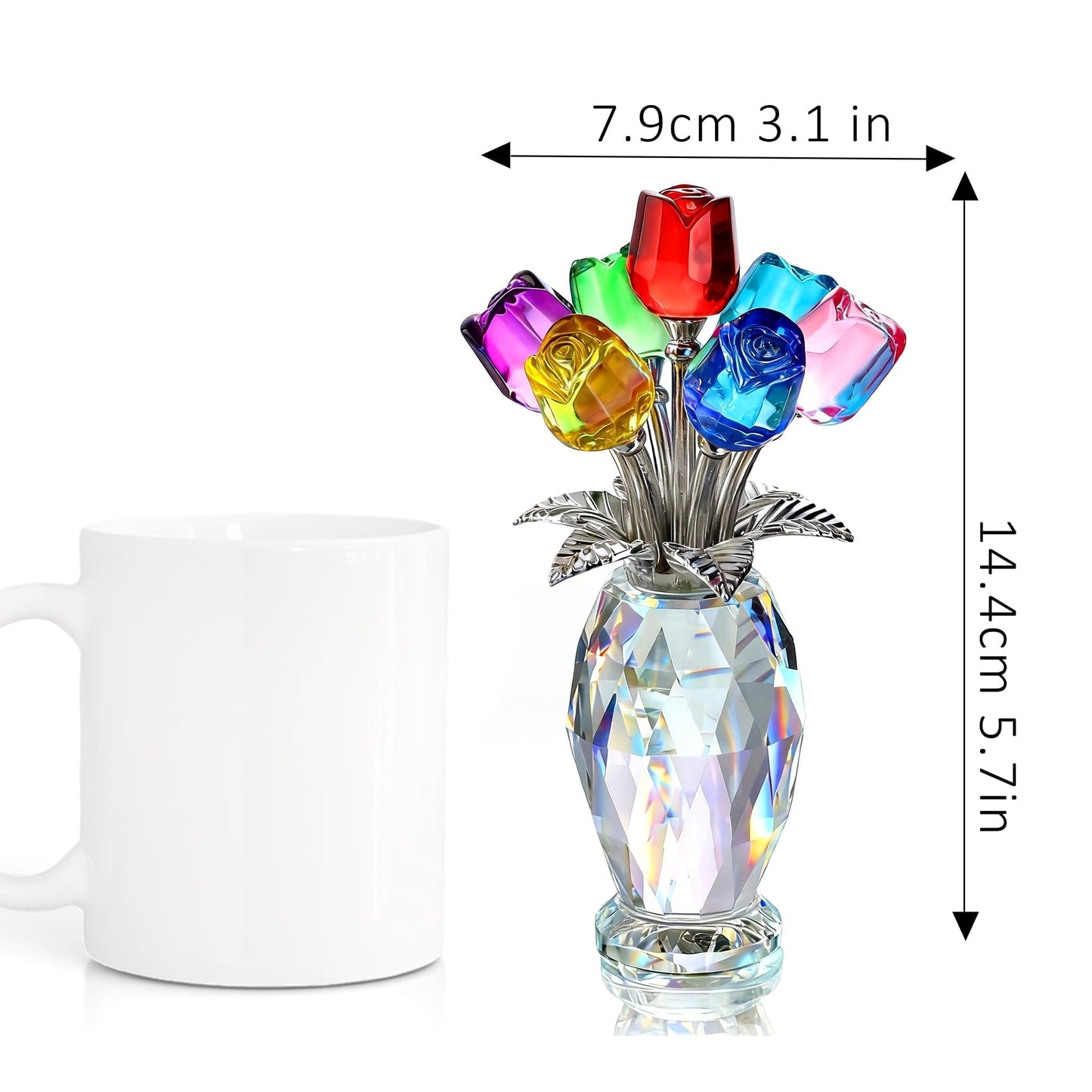 KRISININE Elegant Crystal Rose Figurine 7 Colorful K9 Crystal Flowers Floral Collectible Sculpture Romantic Gift for Valentine’s Day, Mother’s Day, Wedding, Anniversary