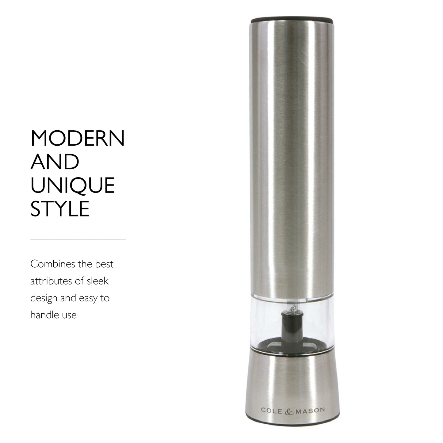 Cole & Mason Hampstead Electronic Salt Mill - Electric Salt Grinder Set - Adjustable Electric Spice Grinder - Kitchen Tool & Gadget - Hand Wash - Stainless Steel