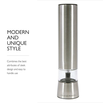 Cole & Mason Hampstead Electronic Salt Mill - Electric Salt Grinder Set - Adjustable Electric Spice Grinder - Kitchen Tool & Gadget - Hand Wash - Stainless Steel