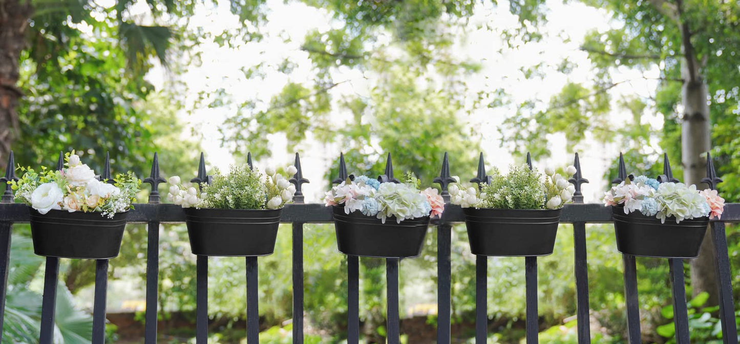 Dahey 10.5 Inch Metal Iron Hanging Flower Pots for Railing Fence Hanging Bucket Pots Countryside Style Window Flower Plant Holder with Detachable Hooks Home Decor,Black,5 Pcs