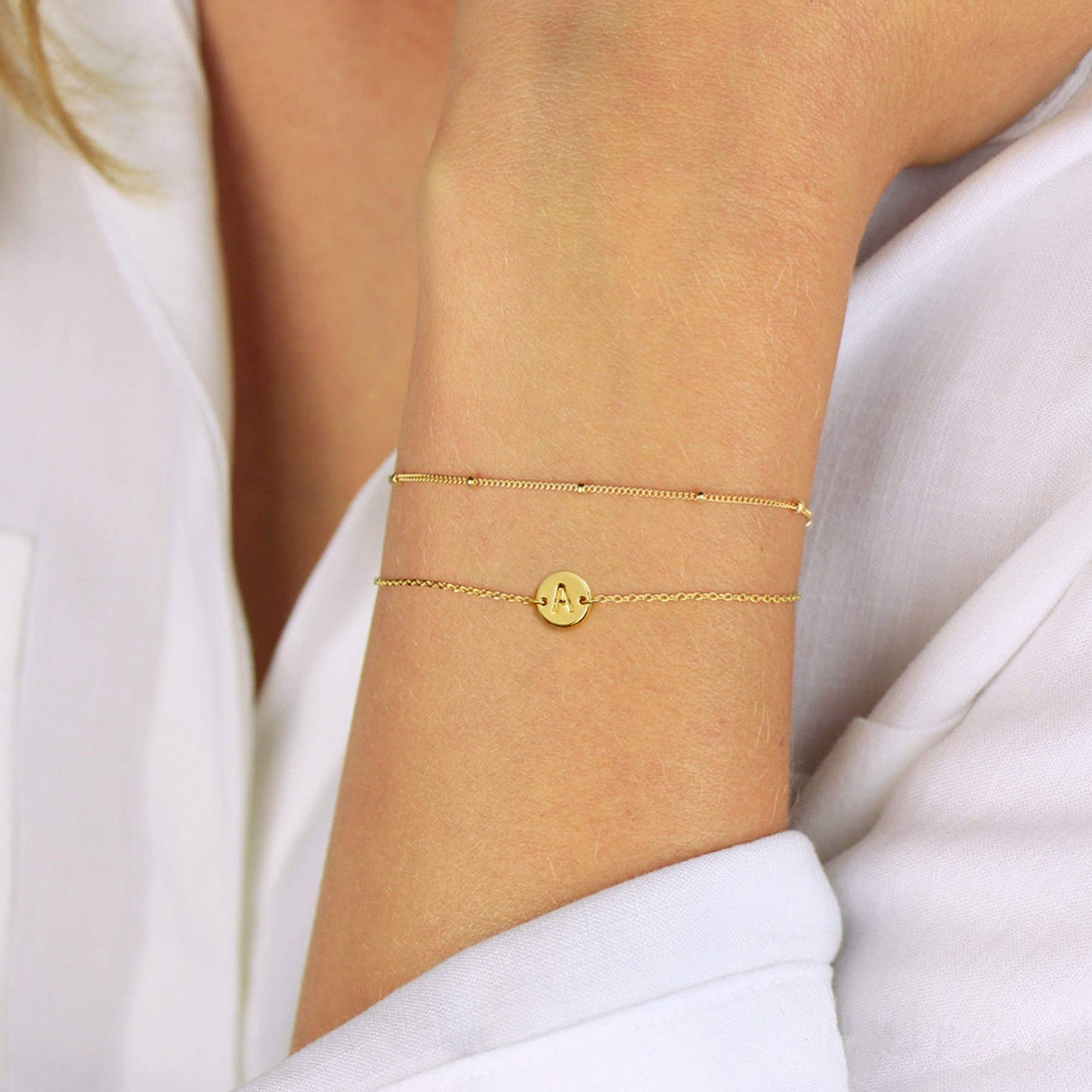 MONOZO Gold Initial Bracelets for Women Jewelry Gifts Trendy - Dainty 14K Gold Plated Layered Beaded A Letter Initial Bracelet Personalized Disc Monogram Letter Bracelets Birthday Gifts for Women Her
