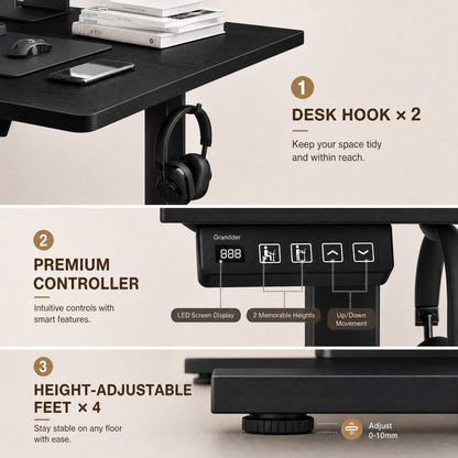Grandder 55x32 Large Electric Standing Desk, Height Adjustable Computer Desk with 2 Memory Presets, 31.5" Deep Desktop Sit Stand Desk Home Office Desk Workstation Table with Hooks, Black