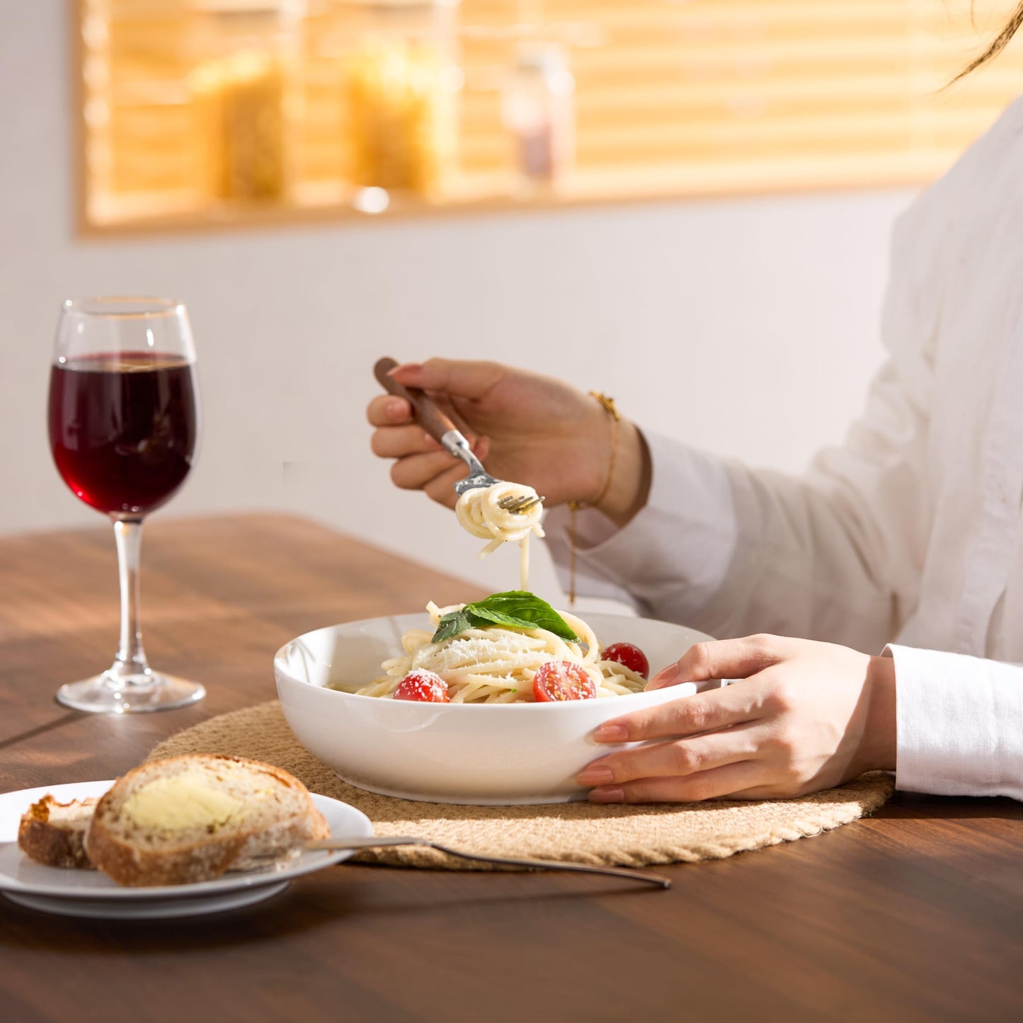 KooK Pasta Bowl, Salad Bowls, Bowls, Serving Bowls, Soup, Ceramic, Large Capacity, Microwave & Dishwasher Safe, Set of 4, 40 Oz, (White)