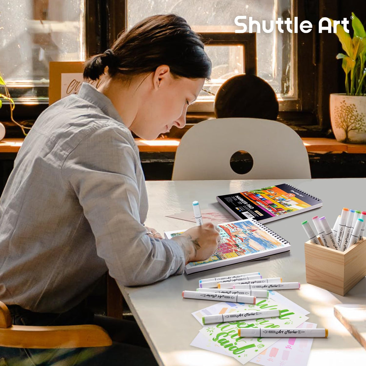 Shuttle Art Marker Pad, 12”x9” Portable Sketchbook, 70 Sheets Marker Drawing Paper, 110LB/180GSM Smooth Surface Bleedproof Art Paper, Spiral-Bound, Great for Artists to Draw, Paint & Sketch