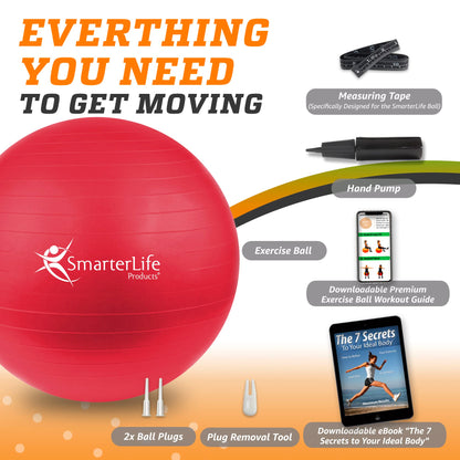 SmarterLife Exercise Ball, Yoga Ball for Fitness, Balance, Stability, or Pregnancy, Gym Ball for Core Workout, Physical Therapy, Yoga Ball Chair for Office, Anti-Slip Anti-Burst (45 cm, Red)