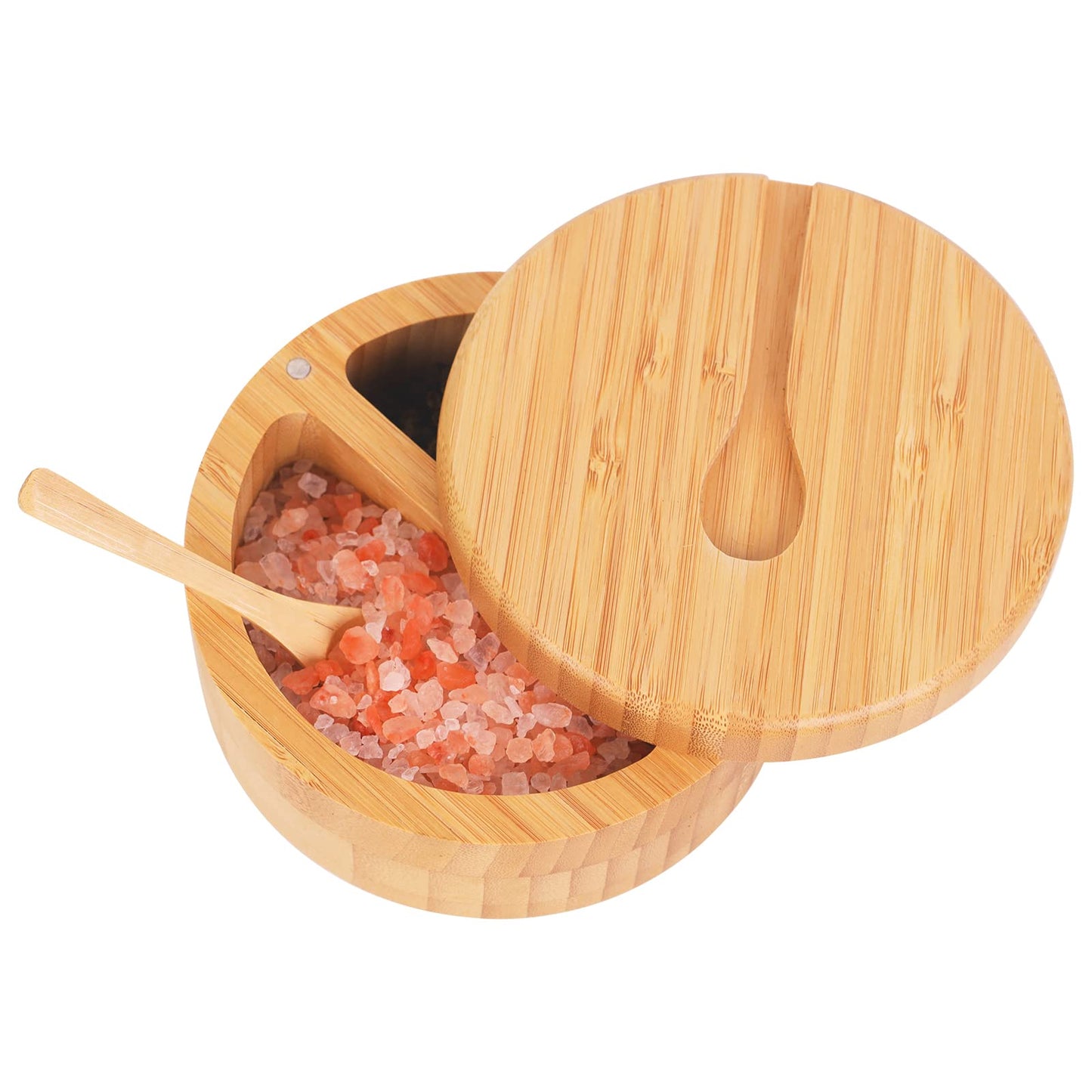 HTB Bamboo Salt and Pepper Bowls, Divided Salt Cellar With Swivel Lid and Spoon, Seasoning Containers With Magnetic Lid to Keep Dry, Mini Spoon Built Into Top, Great When You May Have Messy Hands