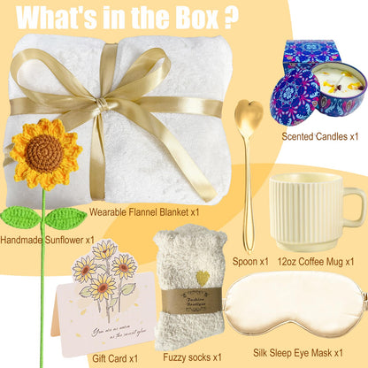 Sunflower Gift Baskets for Women, Self Care Package with Wearable Blanket, Socks, Candle, Mug & Greeting Card - Birthday, Get Well, Thinking of You Gifts for Mom Wife Best Friend - Beige