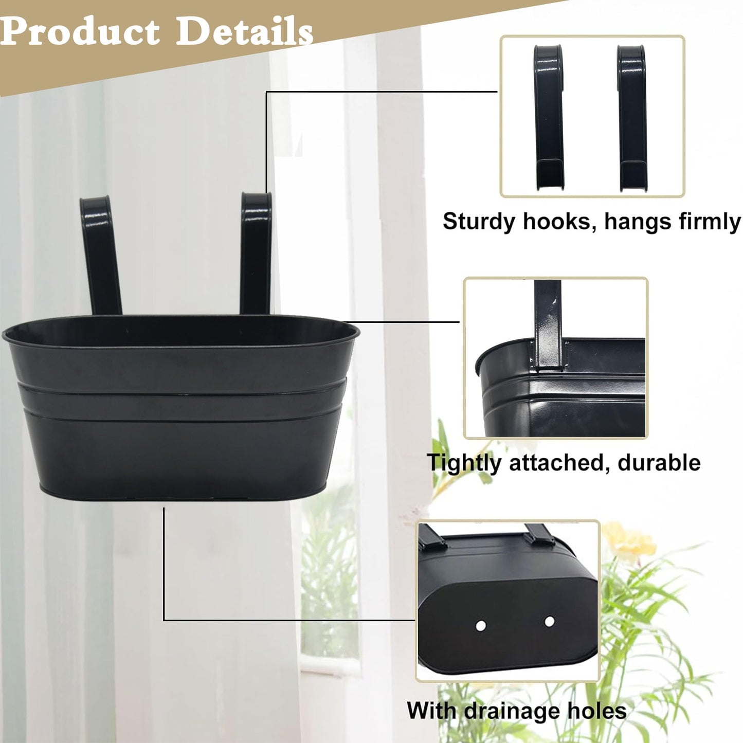 XXFBJNMD 5 Pack 10.6 Inch Metal Hanging Flower Pot Oval Metal Railing Planter Balcony with Detachable Hook Indoor Outdoor Decor for Railing Fence Balcony Garden （Black）