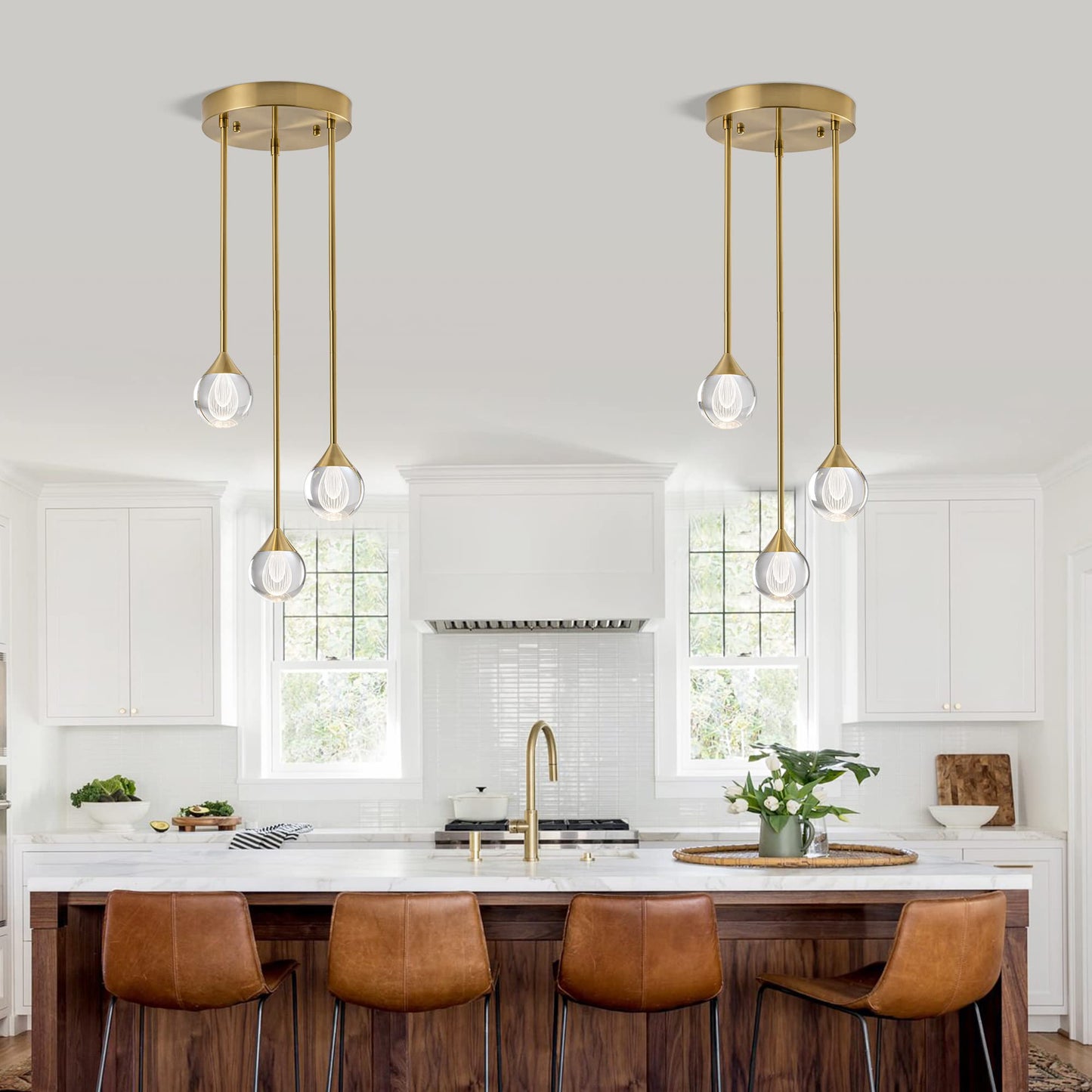 SUNMOO 3-Light Teardrop Crystal Pendant Light, Dimmable LED Crystal Globe Hanging Light Fixture, Modern Ceiling Pendant Lighting for Kitchen Island Dining Room Bedroom Bar 3000K 24W Brush Brass