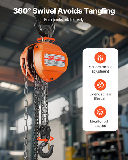 VEVOR Hand Chain Hoist, 3 Ton 6600 lbs Capacity, Manual Chain Block with Upgrade G80 Galvanized Chain, 10 ft Lifting Height, Heavy Duty Pulley Hoist for Garage Warehouse Automotive Machinery, Orange