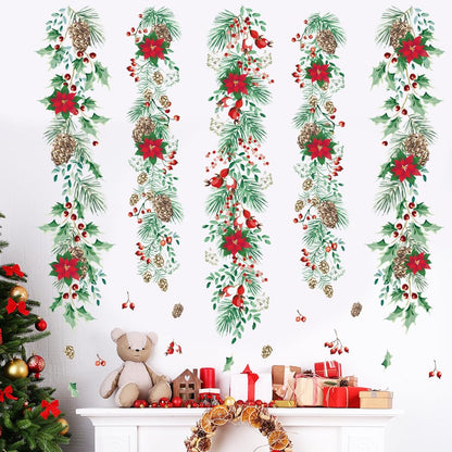 Christmas Garlands Wall Stickers Christmas Pine Cones Red Berry Vine Wall Decals Hanging Poinsettia Green Leaves Flower Window Decals for Xmas Winter Party Home Office Classroom Festival Decoration