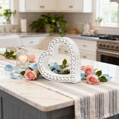 JUMBO DECOR Rustic Wooden Heart Table Decorations Sign with Beaded Design, Farmhouse Freestanding White Heart Shaped Home Family Table Decorations, Wedding Valentines Day Decor Mother's Day Gift