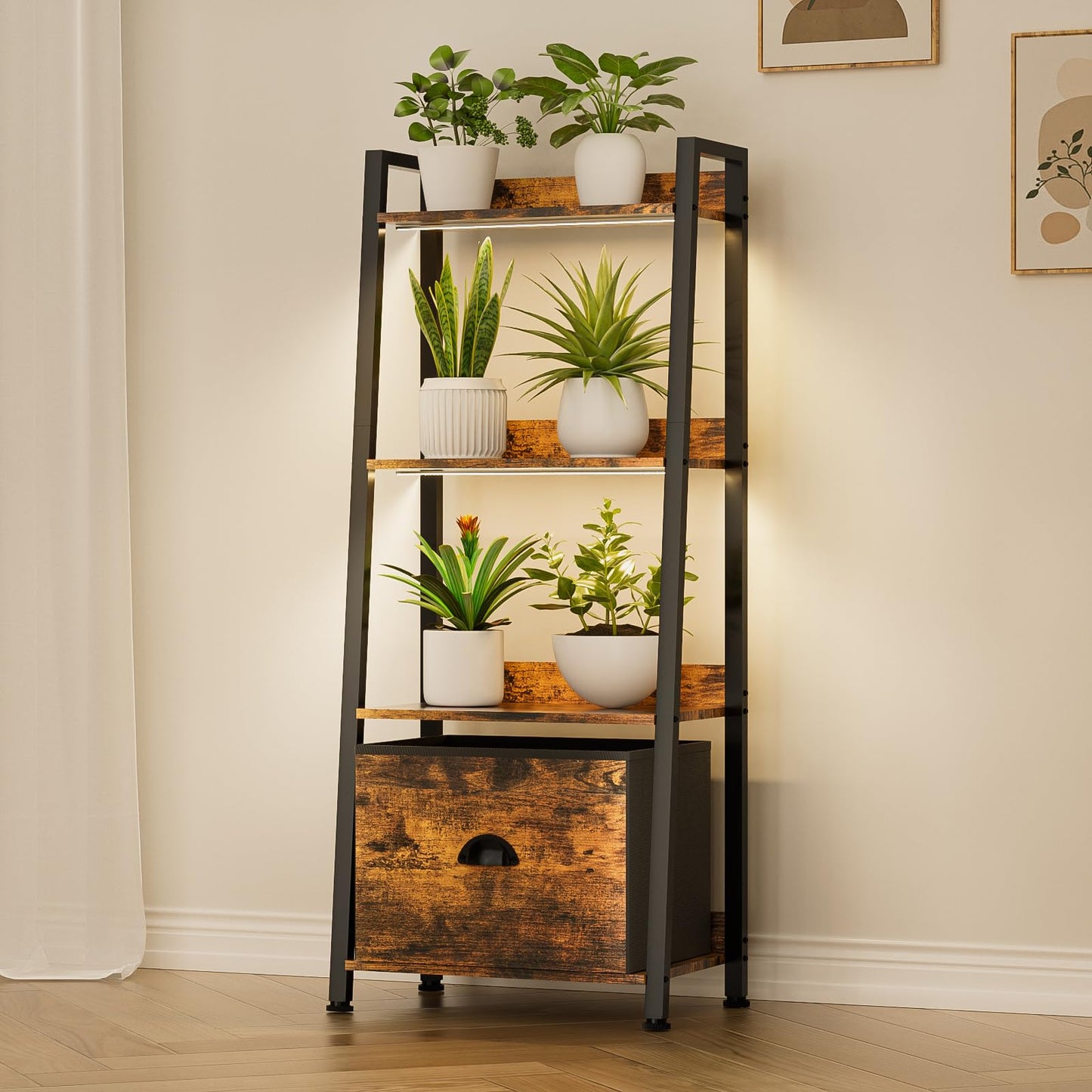 Plant Stand Indoor with Grow Lights, 4 Tiered Indoor Plant Shelf with Drawer, 48" Tall Corner Plant Stands for Indoor Plants, Metal Flower Display Shelves, Sturdy Ladder Plant Rack for Home, Patio