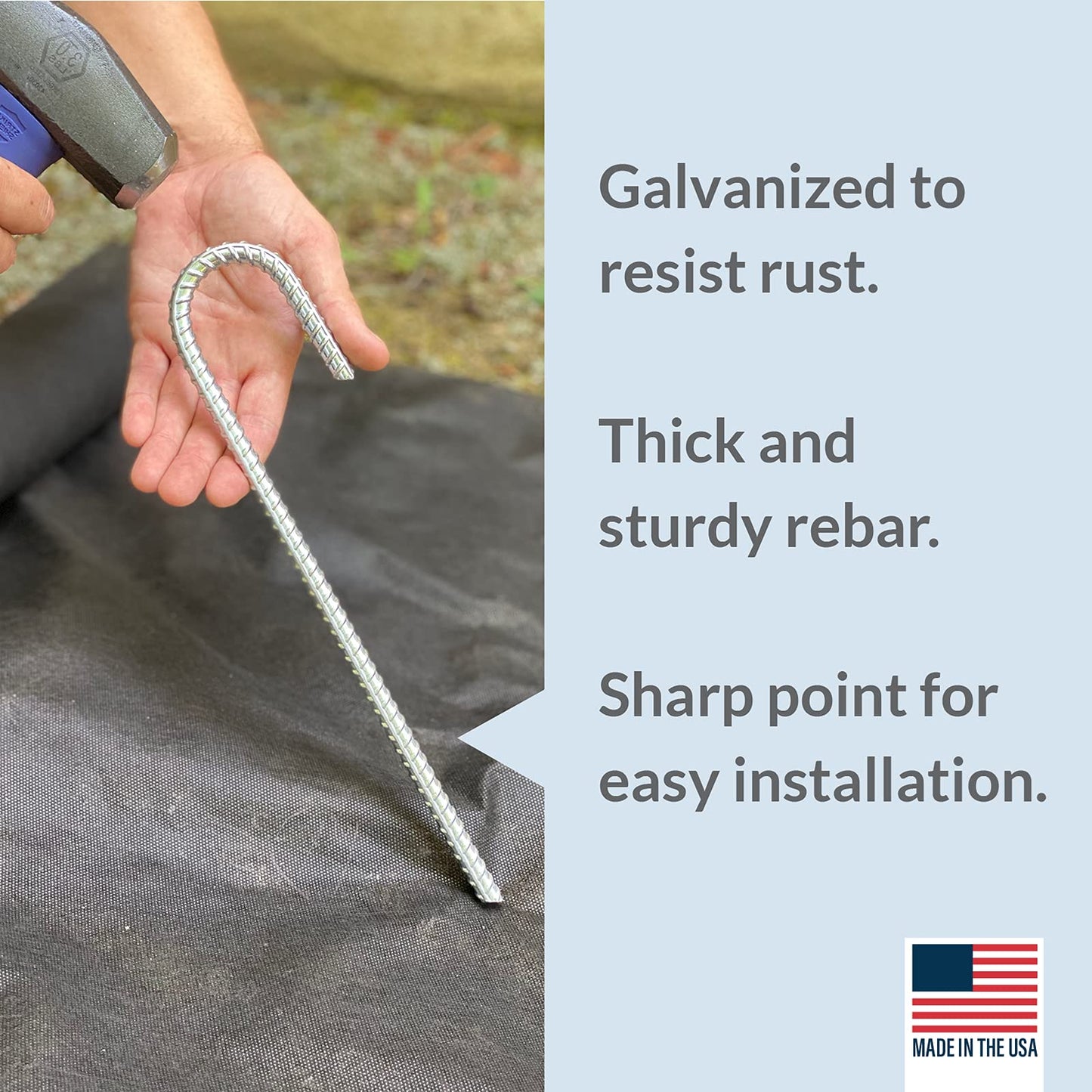 Pinnacle Mercantile 100 Pack Anti Rust Rebar Stakes J Hook Heavy Duty Galvanized Steel Ground Anchors 12 inch Long 3/8 inch Round Chisel Point End Made USA