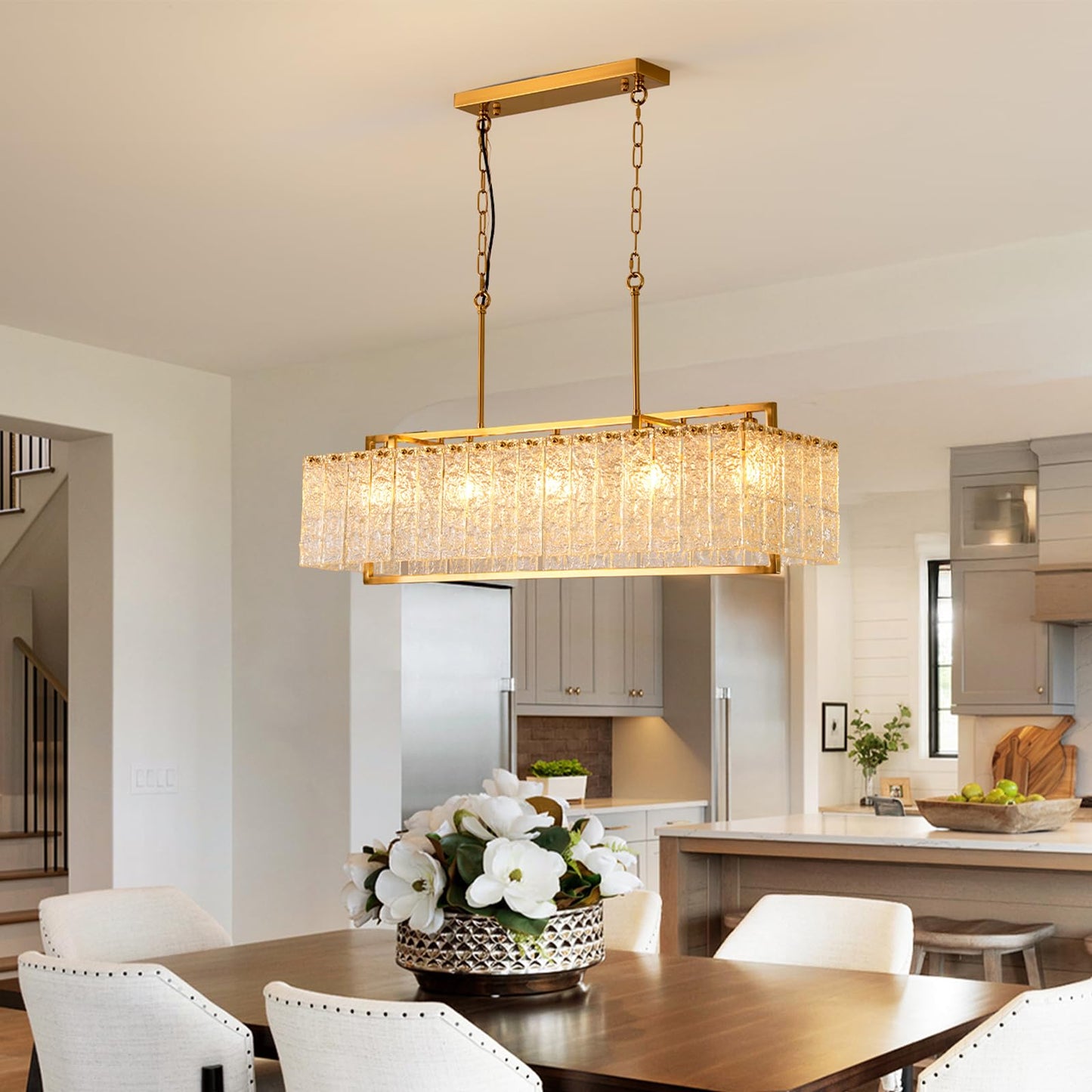 HSMKL Modern Rectangular Crystal Chandelier for Dining Room Gold Rectangle Water Ripple Glass Pendant Ceiling Light 5-Lights Hanging Light Fixture for Living Room Kitchen Island L39" x W11.8" x H11"