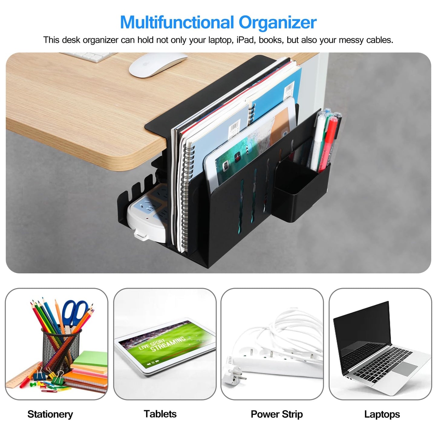 MAXECHO Desk Side Storage, Under Desk Laptop Mount, Table Side Hanging File Organizer, No Drill Clamp On Cable Management Tray, Laptop Holder with Magnetic Pen Holder for Office and Home, Load 22 Lbs