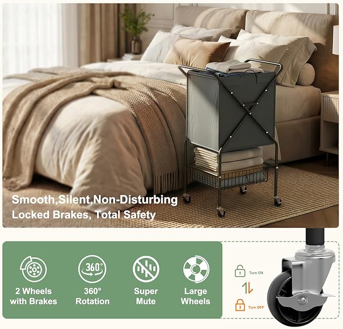 Laundry Basket with Wheels:88L Rolling Laundry Cart Foldable Metal Frame Dirty
