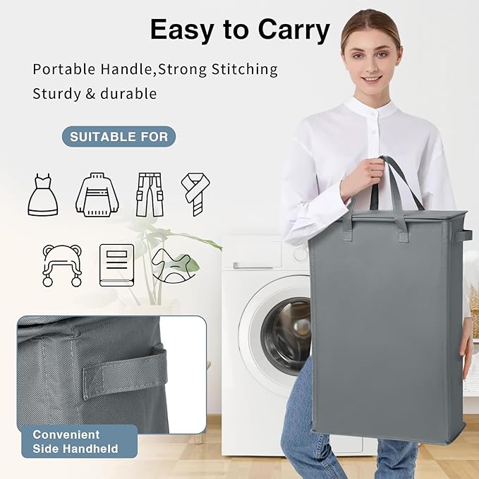 Slim Laundry Basket with Lid and Handles, Foldable Laundry Basket