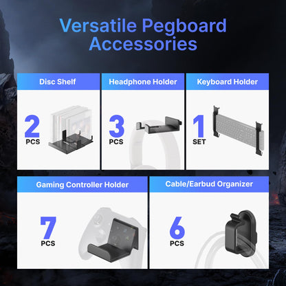 PEGZONE Controller and Headphone Holder Wall Mount, Modular Gaming Pegboard with Accessories, Controller Stand for Xbox PS5 PS4 Switch, Video Game Storage, Disc Shelf Organizer, 14pcs Pegboard, Black