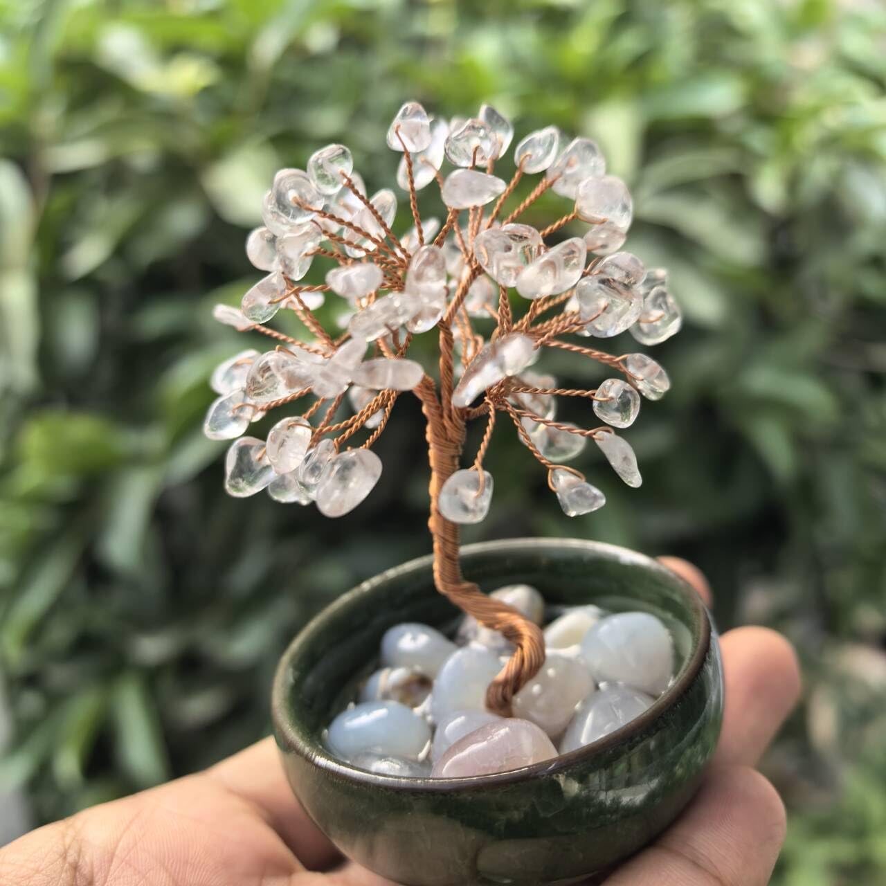Natural Gemstone Wire Wrapped Crystal Tree Bowl of Life Chakra Healing Gift Agate Stone Reiki Energy Home Decor Spiritual Wellness Centerpiece (White Crystal)