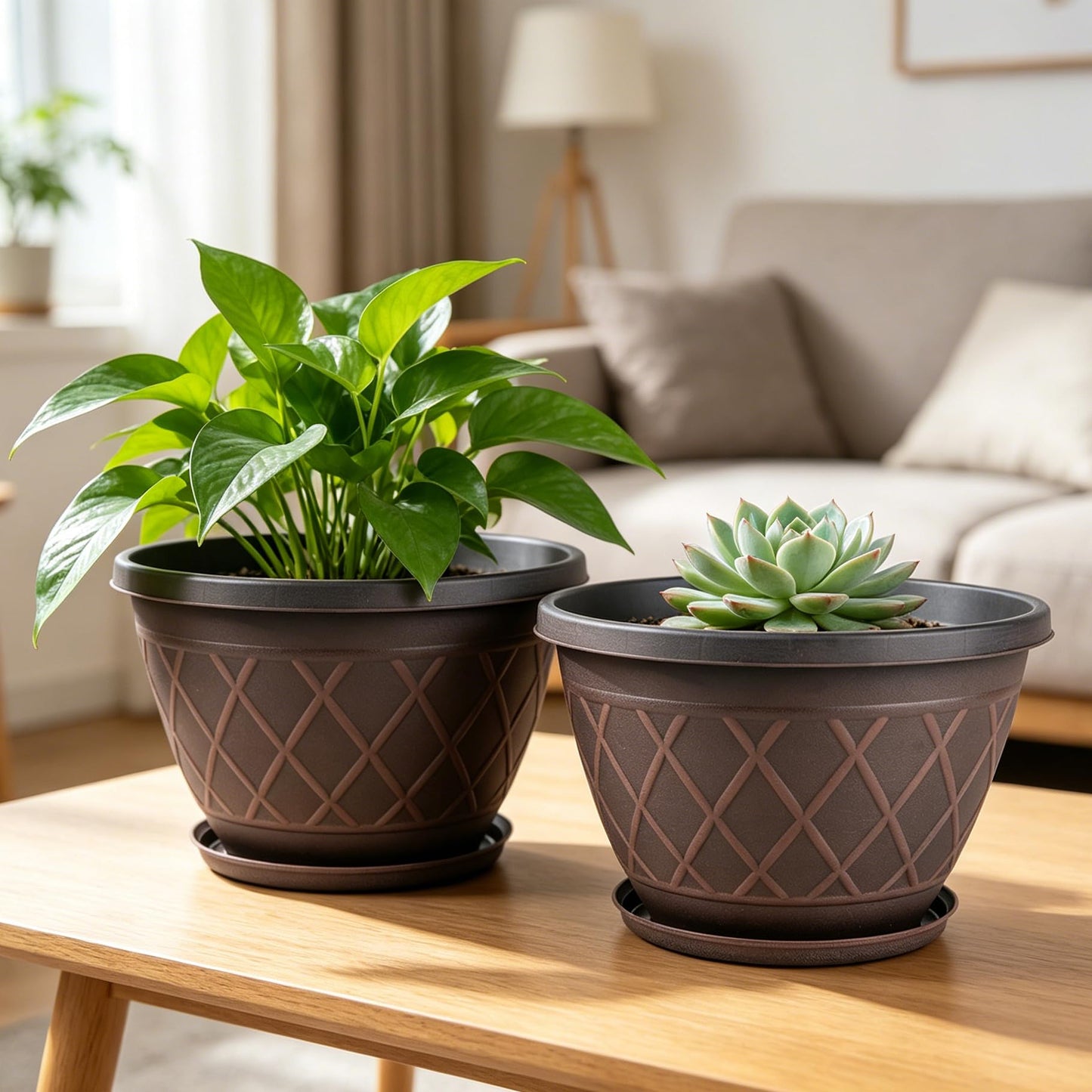 6 Pack 8 Inch Plant Pots, Planters with Drainage Holes & Saucers, Modern Imitation Diamond Pattern Design Plastic Flower Pots for Indoor & Outdoor Plants, Succulents, Flowers, and Herbs (Brown)