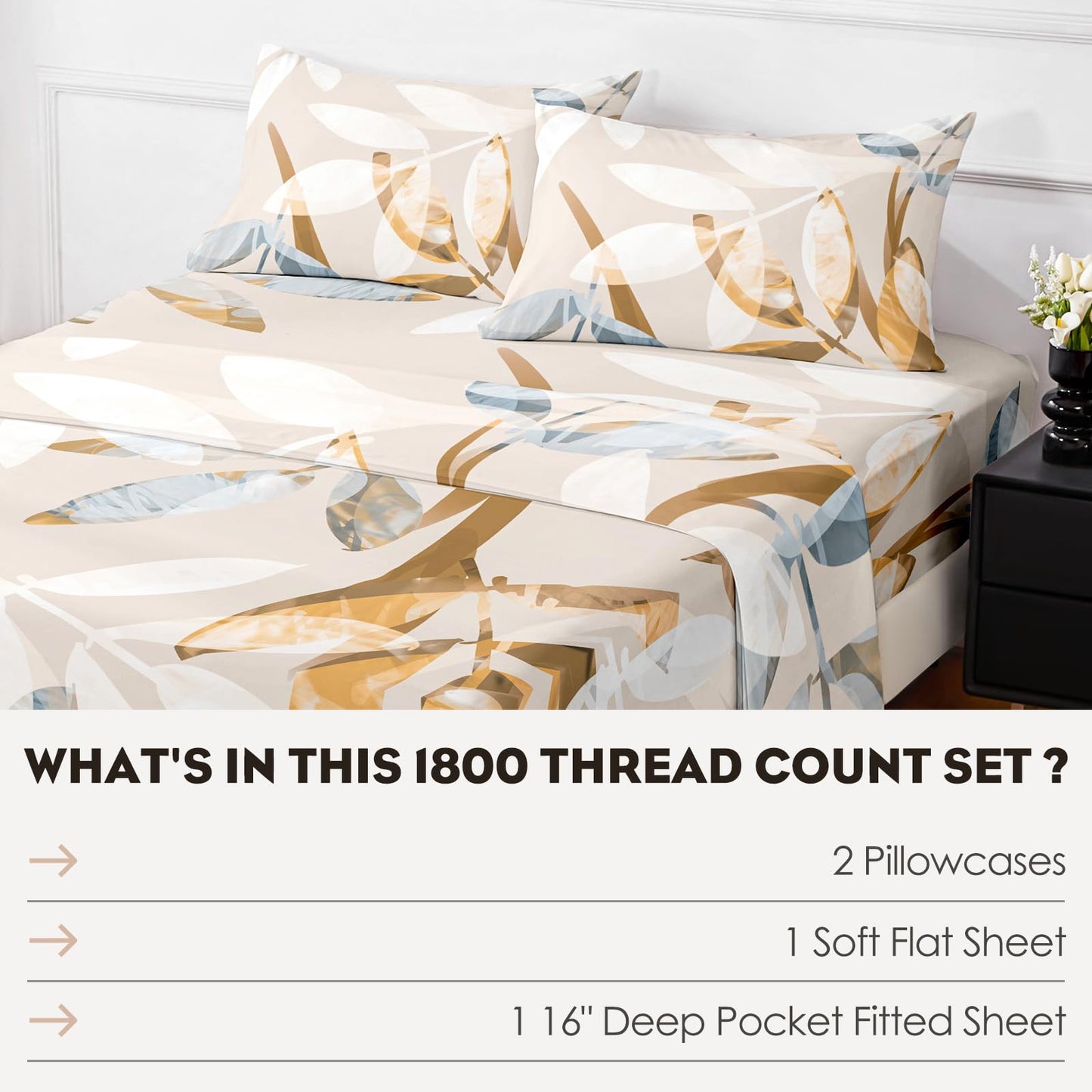 HCORA Floral Queen Sheet Set, Luxury 1800TC Hotel Quality Double Brushed Microfiber Deep Pocket Bed Sheets, Ultra Soft, Breathable and Cooling, 4PC, Queen Size