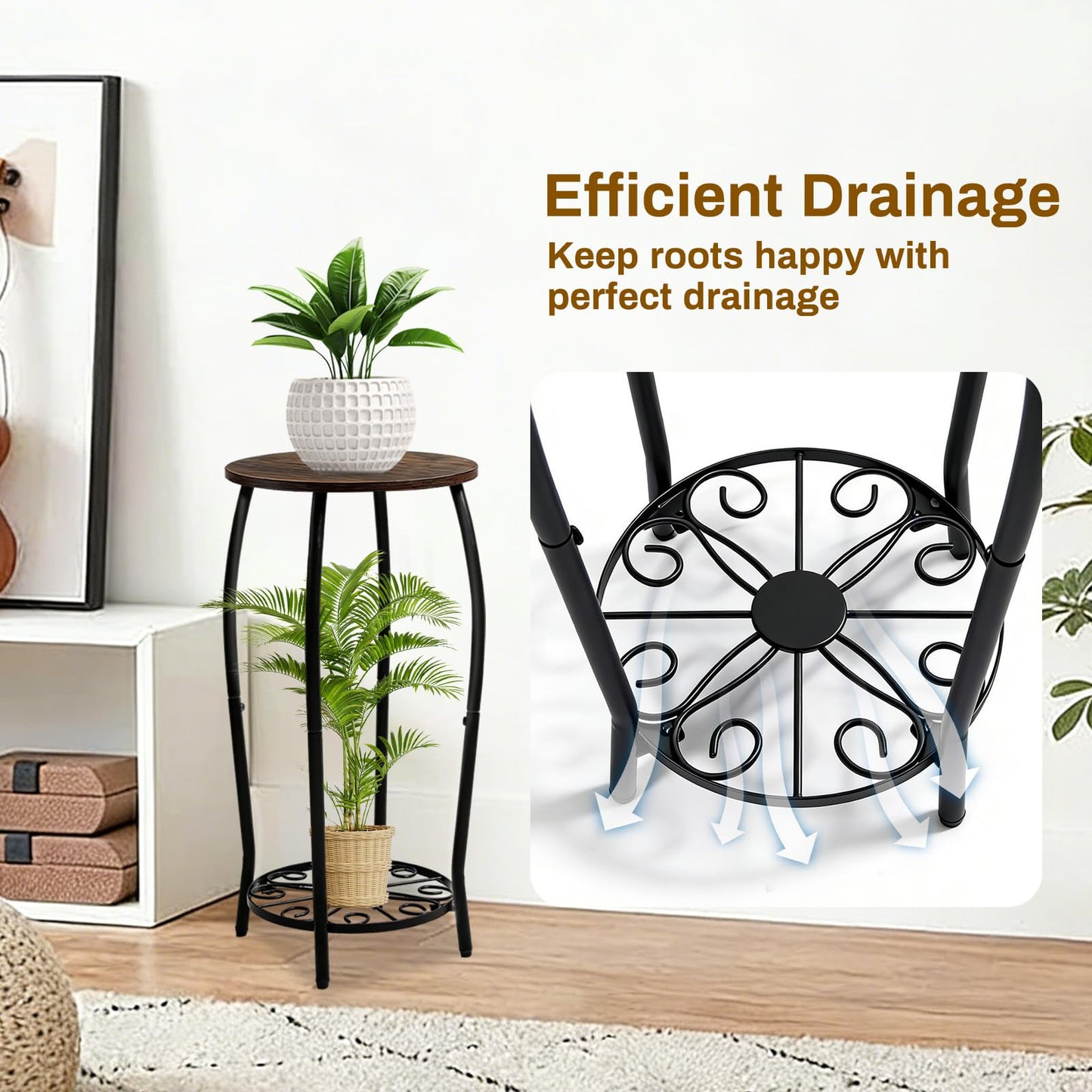 Uniqcovosa Plant Stand Indoor Outdoor, 2-Tier Tall Wood & Iron Plant Stand, 4-Leg Corner Flower Stand, Heavy Duty Floor Plant Shelf Plant Rack for Patio Living Room Balcony Home Decor