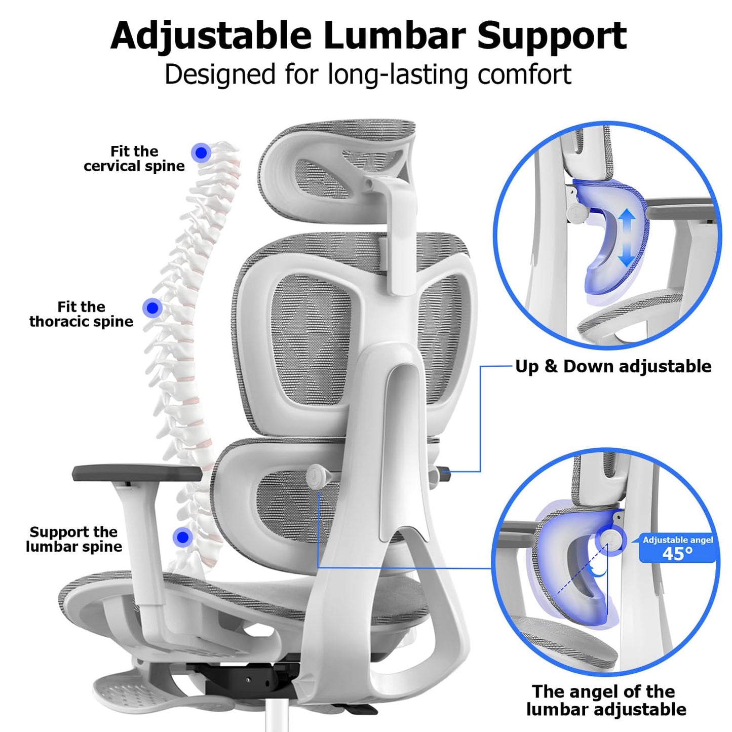 PatioMage Ergonomic Office Chair, Big and Tall Desk Chair with Adjustable Lumbar Support & Seat Depth, High Back Computer Chair, Swivel Mesh Chairs with Wheels for Home Office, White
