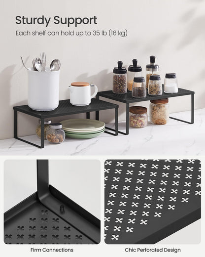 SONGMICS Spice Racks, Set of 2 Metal Cabinet Shelf Organizers, Countertop Organizers, Shelf Risers, Stackable, Expandable, Silver UKCS01SV