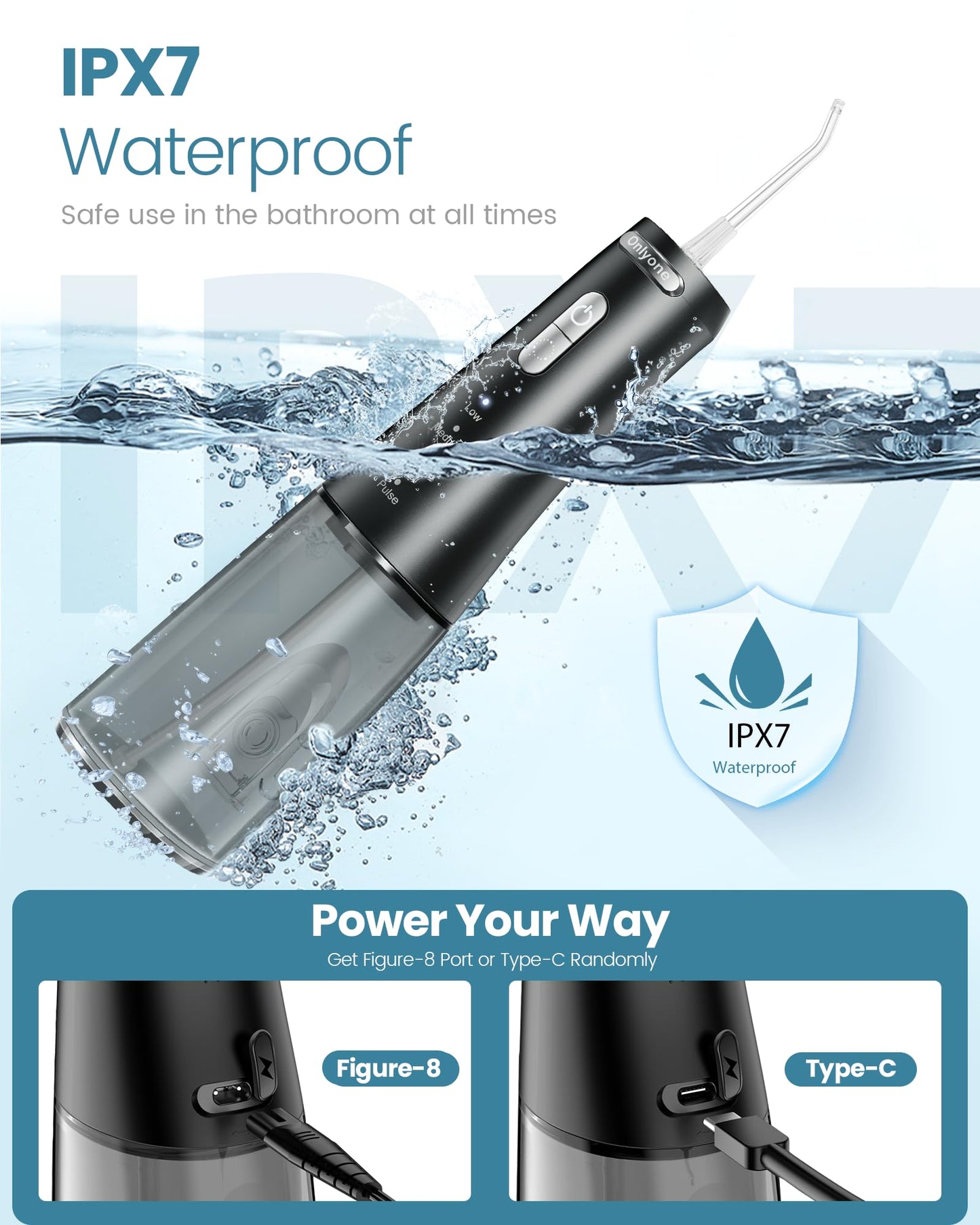 Onlyone Water Dental Flosser, 300ML Portable Oral Irrigator for Teeth, 4 Modes and 5 Jet Tips,Rechargeable Irrigation Cleaner,Electric Flossing Machine Power Flossers & Irrigator Accessories White