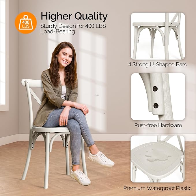 VINGLI Plastic Outdoor Dining Chairs Set of 4, Stackable Patio Cream White Dining Chairs with X Back, Waterproof Kitchen & Dining Room Chairs for Indoor-Outdoor, Capacity 400 lbs