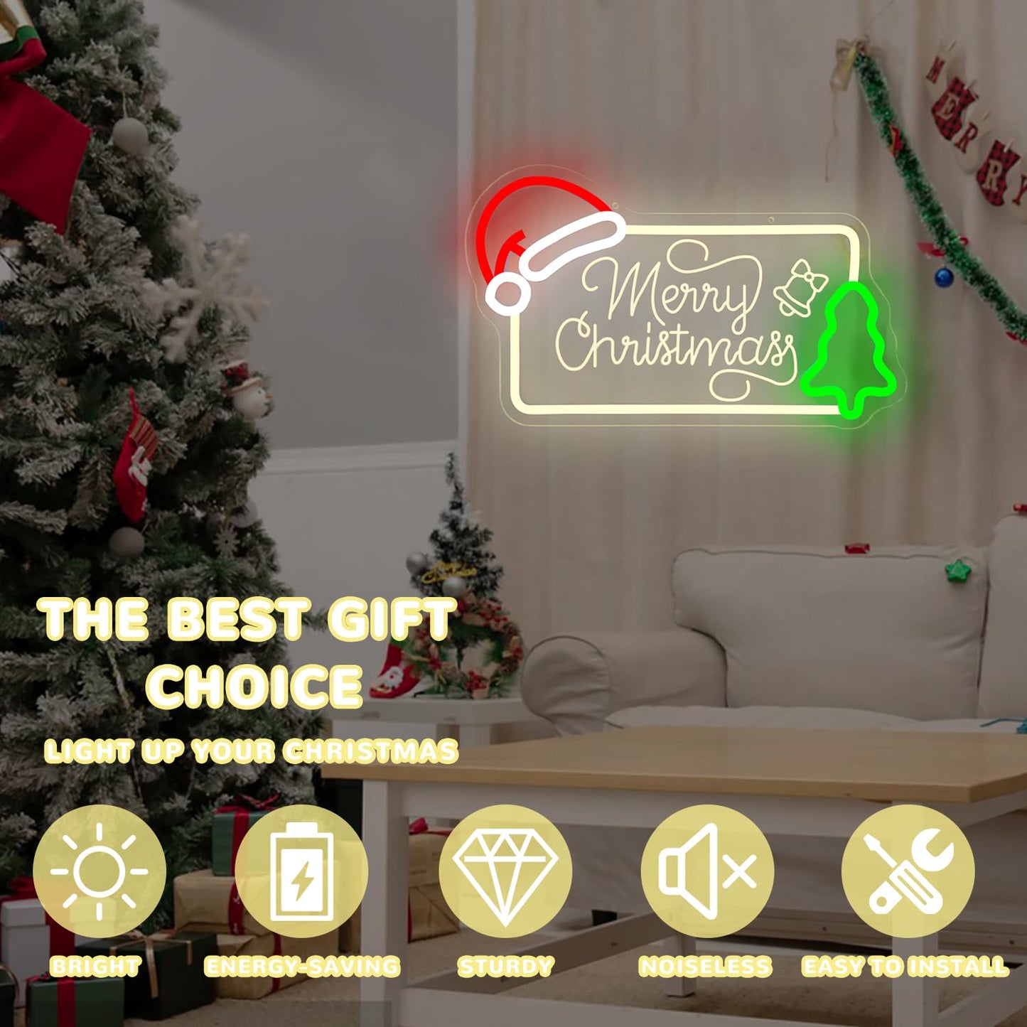 hhuohuona Merry Christmas Neon Sign Dimmable Neon Christmas Sign with Santa Hat & Tree Merry Xmas Light Up Signs for Wall Decor Holiday Gifts Decorations for Home