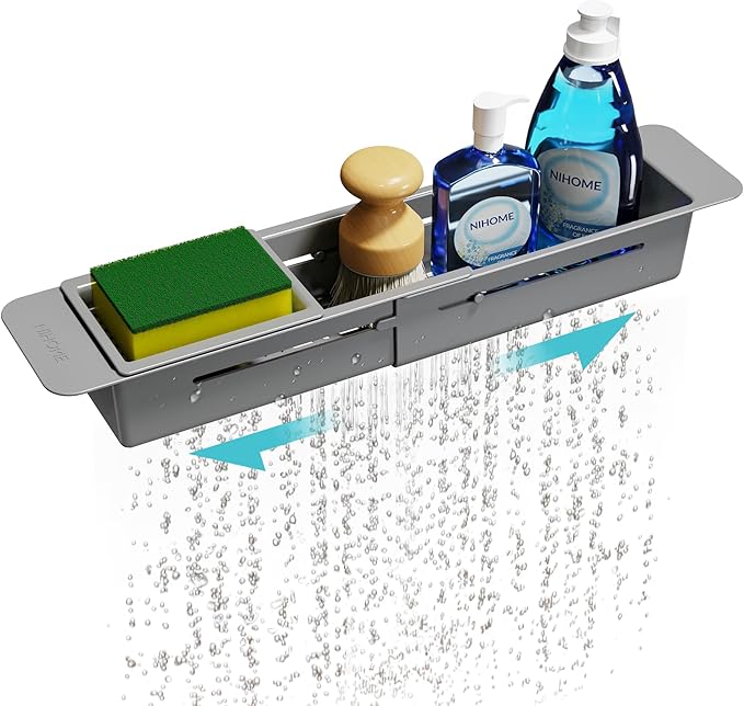 NiHome Extendable Over Sink Kitchen Organizer, Small Telescopic Brush Storage