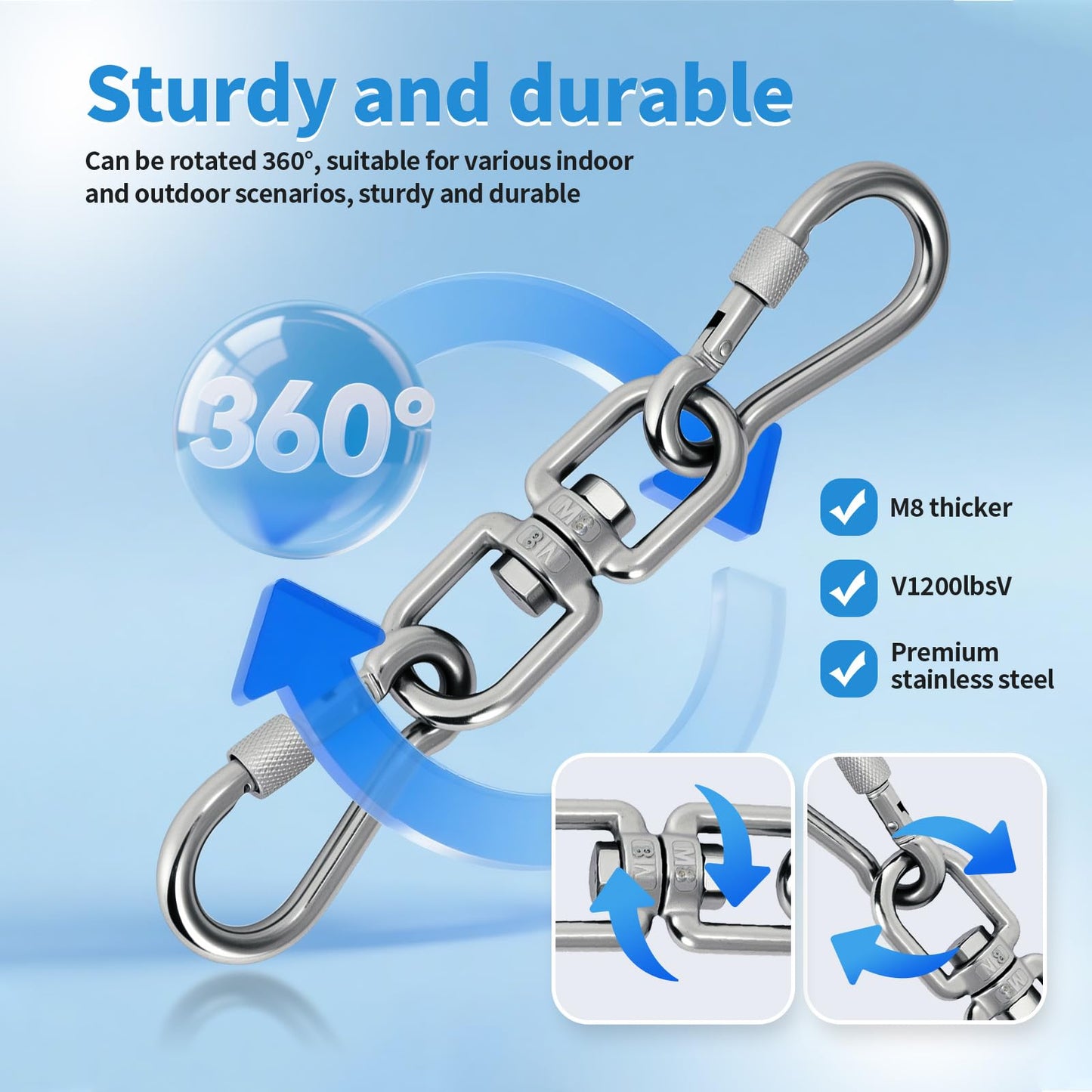 Aheucndg Heavy Duty 1200 lb Capacity Swivel Ring Double Ended Swivel Eye Hook, 304 Stainless Steel 1Pack Swivel Hooks + 2Pack Snap Hook, Easy Installation for Hanging Chair, Hammock, Boxing Bag, Gym