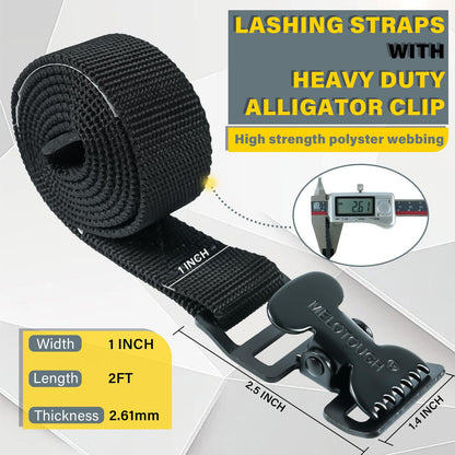 MELOTOUGH 4Pk 1" x 2ft Lashing Strap with Alligator Thumb Buckle Cargo Secure Webbing Up to 450lbs,Ladder Straps,Tie Down Straps,Utility Straps with Clips,Black