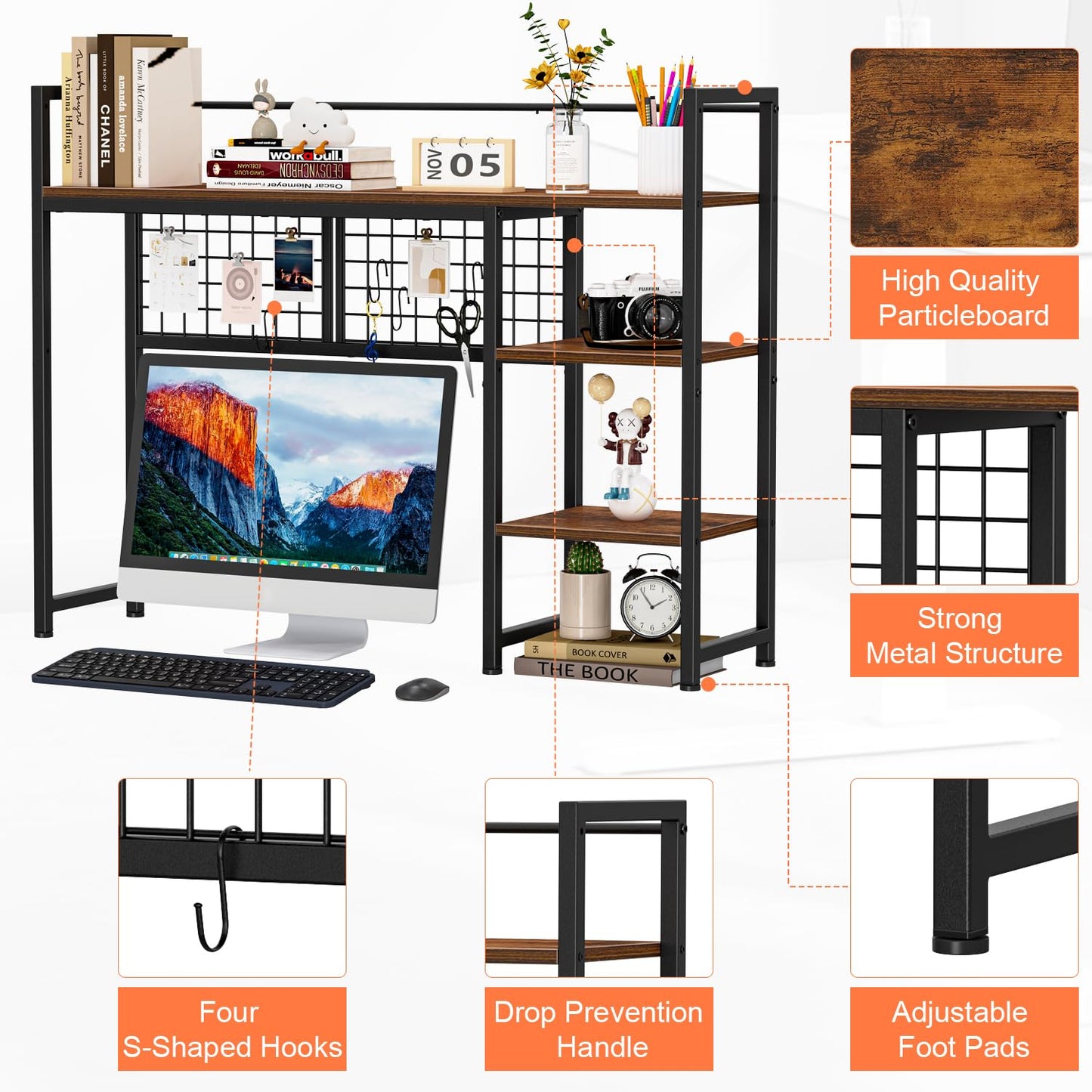 Snughome Desk Shelf, 38.6" Desktop Organizer Shelf, Desk Hutch for Computer Monitor, 4 Tier Desktop Display Rack with Pegboard Hooks Set, Wood Desktop Bookshelf for Home Office Dorm