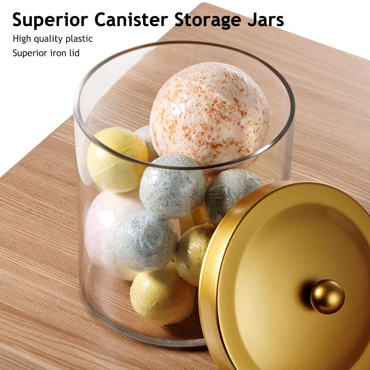 2 Pack 50 Ounce Large Clear Apothecary Jar with Gold Rust-Proof Lid - Shatterproof Plastic Storage Canister - Modern Luxury Bathroom Vanity & Laundry Room Organizer for Pods, Bath Salts