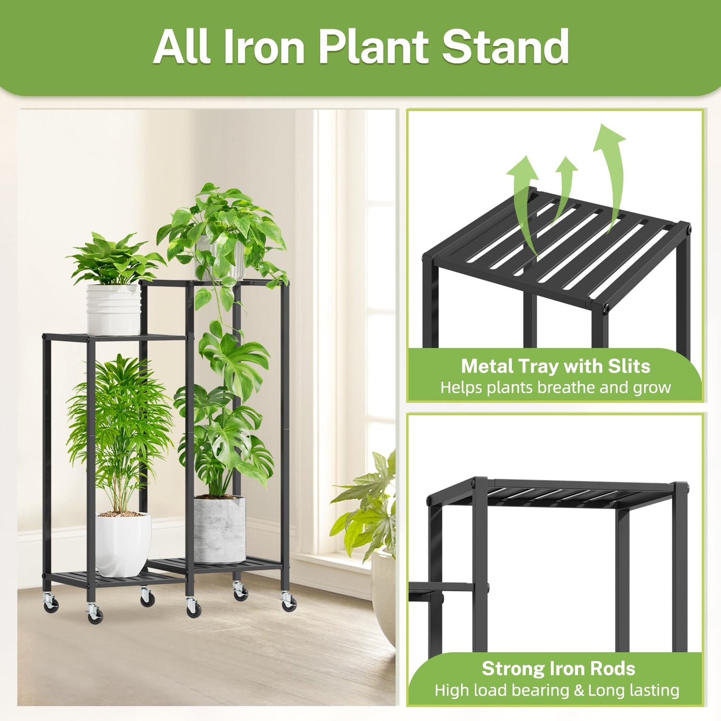 iDavosic.ly 4 Tier Plant Stand Indoor with Wheels, Metal Tiered Corner Flower Holder Shelf Outdoor for Large Pots, Tall Rolling Rack for Patio Porch Garden Balcony Living Room, Modern Black