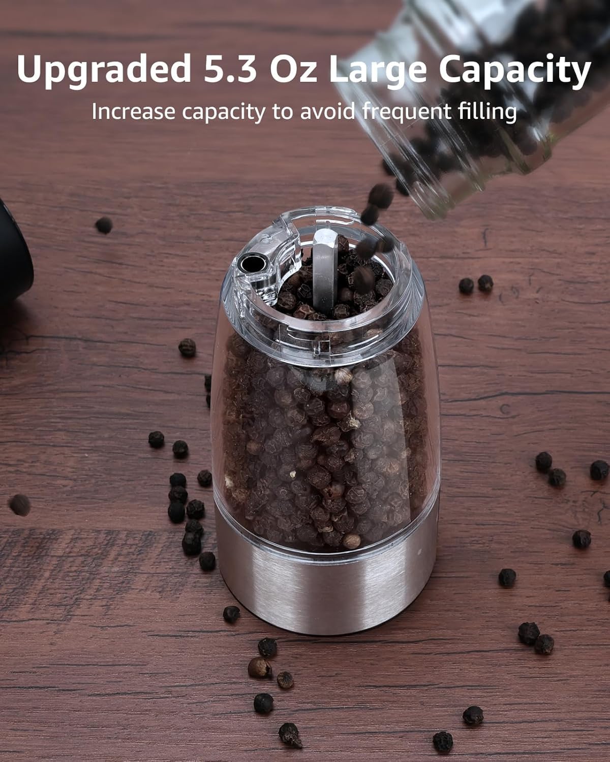 Electric Salt and Pepper Grinder Set, Large Capacity 5.3oz Salt and Pepper Grinder Set with Adjustable Coarseness, Rechargeable Stainless Steel Electric Pepper Grinder with Elegant Storage Base