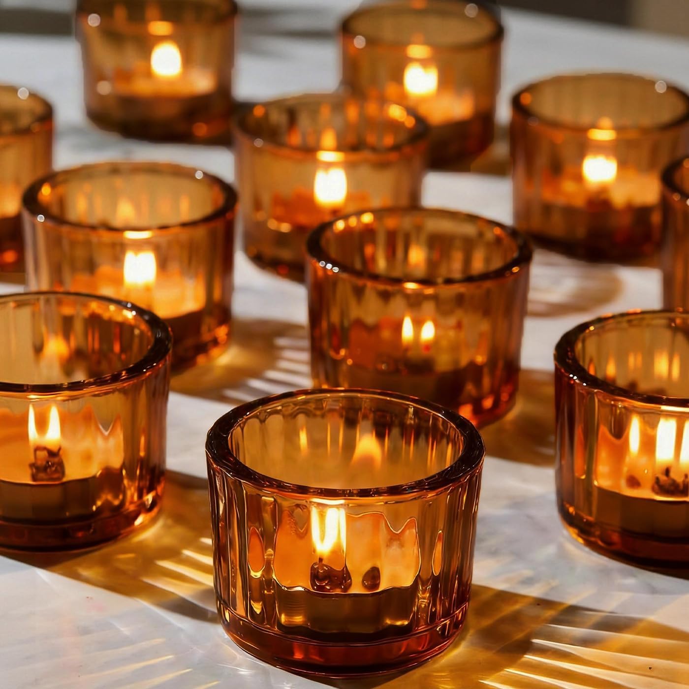 AUMAYCO Amber Tea Light Candle Holders Set of 12, 5cm x 3.5cm Glass Tea Light Holders for Table Centerpiece, Mini Votive Candle Holders for Weddings, Birthday Parties, Home Decor, Table Decor
