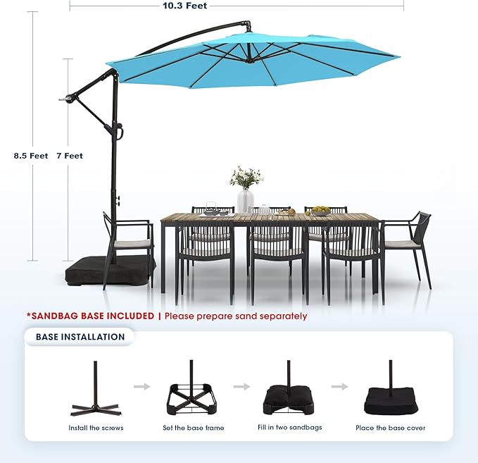 wikiwiki 10ft Patio Umbrella with Base Included, Outdoor Offset Cantilever Umbrella with Sandbag Base for Backyard, Garden and Pool, Easy to Tilt and Crank, Sky Blue