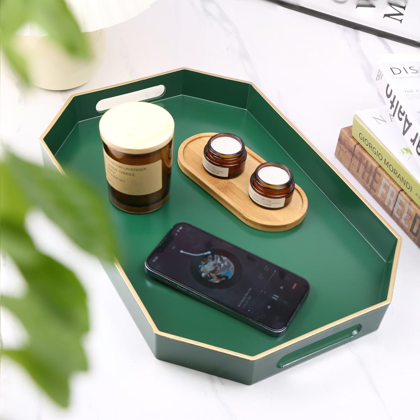 Omuriko Green Decorative Tray with Handles, Versatile Serving Tray for Coffee Table, Ottoman, Ideal for Serving, Displaying, Organizing, 15.7"*10.2"*1.57"