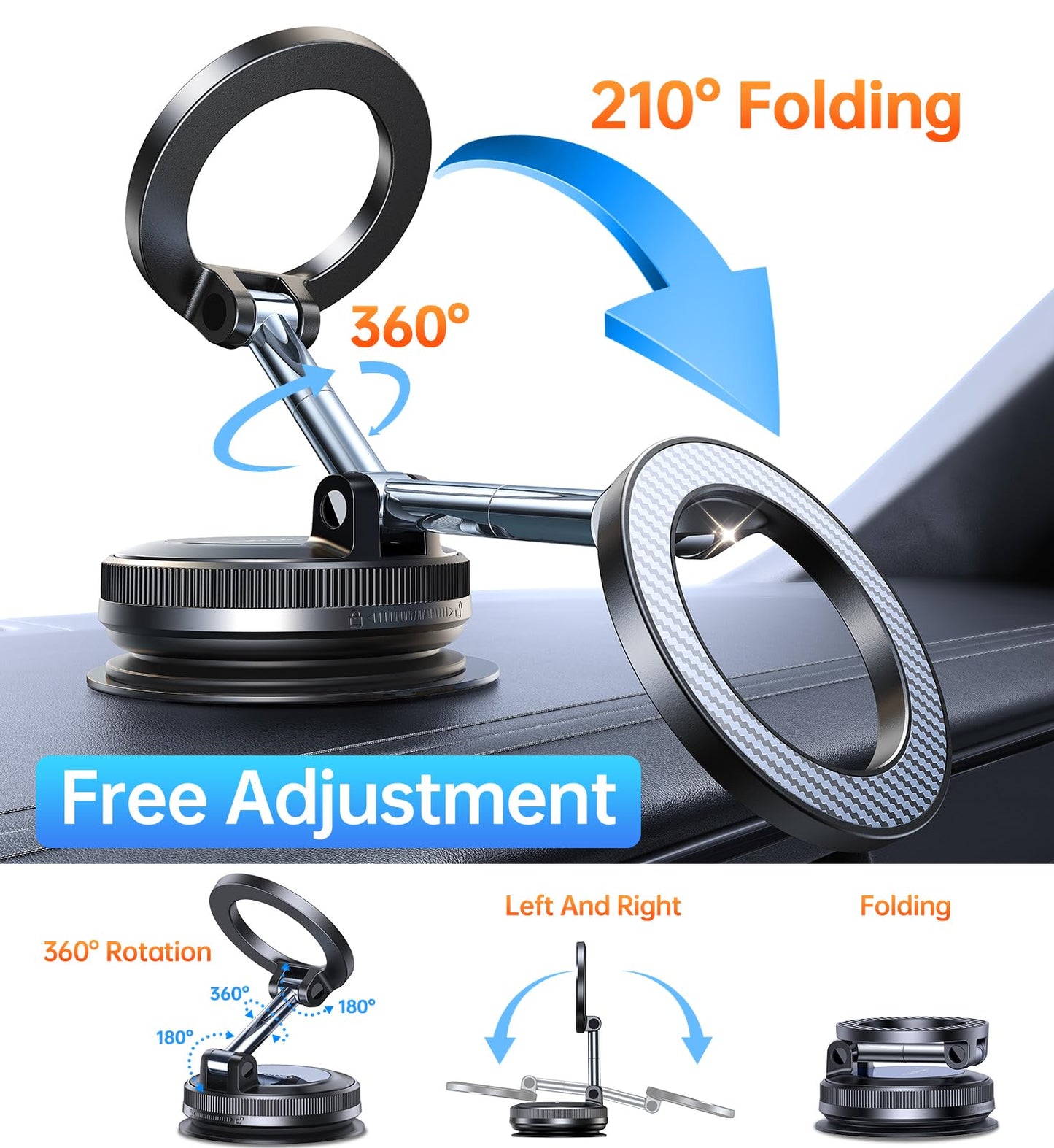 Coolpow【Newest Vacuum Magnetic Phone Holder for Car Phone Holder Mount【Movable Vacuum Suction】Magsafe Car Mount Cell Phone Holders for Your Car Accessories for Women Men for iPhone 17 16(Carbon Fiber)