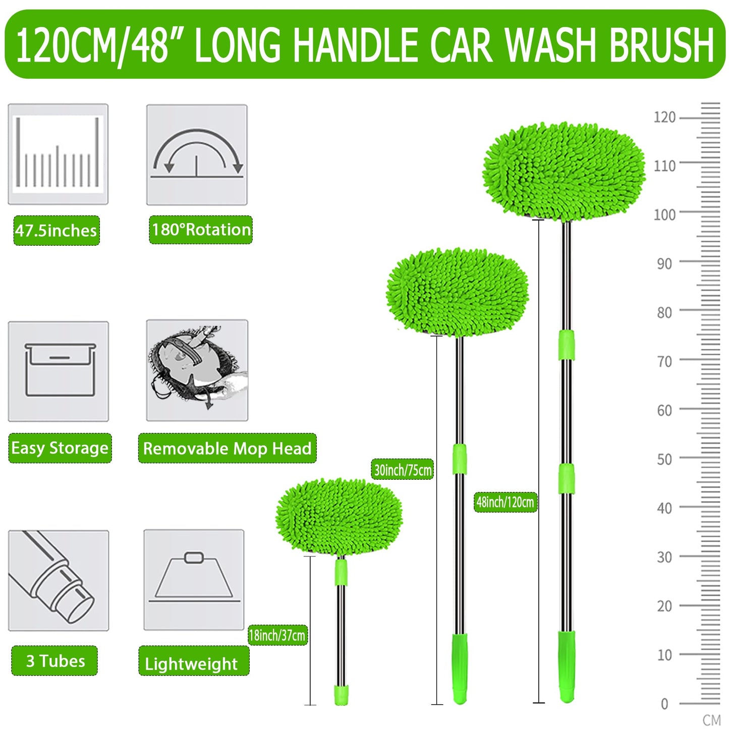 WillingHeart 47.5" Car Wash Brush Mop Cleaning Tool with Long Handle Kit for Washing Detailing Cars Truck, SUV, RV, Trailer, Boat 2 in 1 Chenille Microfiber Sponge Duster Not Hurt Paint Scratch Free